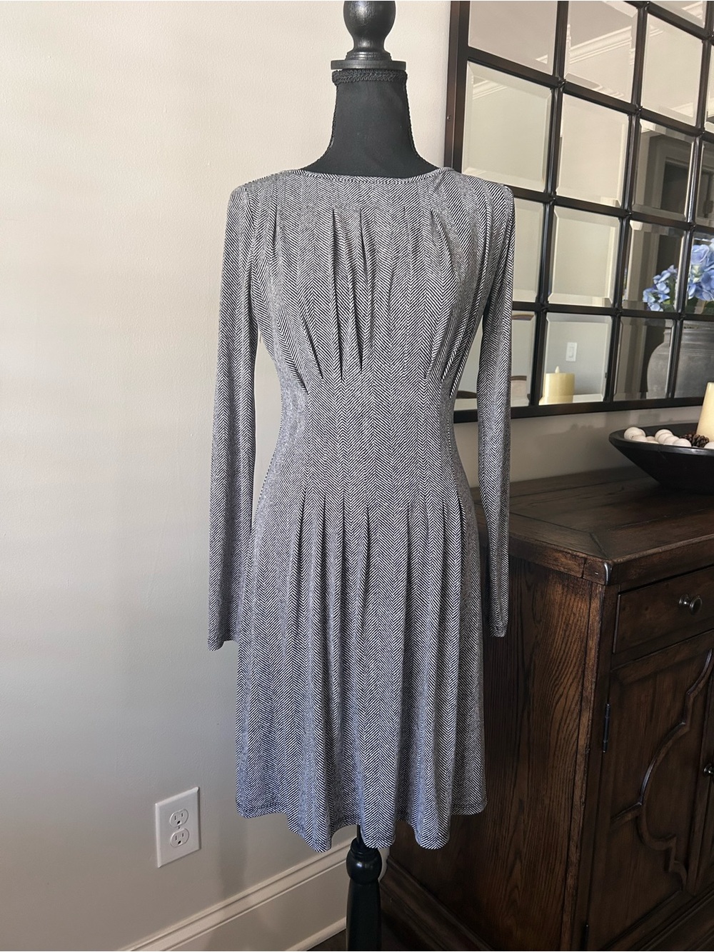 Michael Kors black and ivory herringbone long-sleeve dress